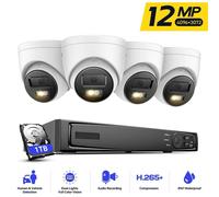 Sistema de seguridad: Kit de videovigilancia de 12 megapíxeles, con 4 cámaras, grabador NVR con almacenamiento de 4 TB y tecnología PoE