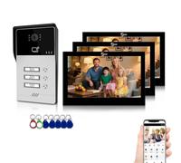 Sistema de videoportero de 4 cables para viviendas de 3 unidades, kit de portero automático con pantalla táctil de 7 pulgadas con desbloqueo 3 en 1, audio bidireccional, monitorización (Negro)