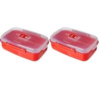 Sistema recipiente rectangular para microondas | Recipiente para alimentos 1,25 l ventilación del vapor | Sin BPA | Rojo/Transparente (Paquete de 2)