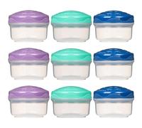 Sistema Snack Pots Mini Bites TO GO | 130 ml | Fiambreras apilables para aperitivos con tapas | Taper plastico | Tapas verde, rosa y azul | 9 unidades