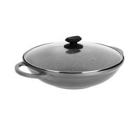 Sitram 714225 - Wok hierro fundido, aluminio interior, efecto piedra, diámetro 32 cm, altura 8 cm, revestimiento antiadherente, 2 capas, sin PFOA, tapa de vapor de vidrio, asas de hierro fundido de