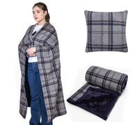 SIVENKE Manta Portátil Cojín Compacto Manta de Regazo 2 en 1 para Mujeres Poncho de Forro Polar con Botón Colcha a Cuadros Cojín para Cama, Sofá, Oficina, azul marino, 135 x 120 cm
