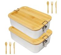 Sixfolo 2 Piezas Fiambrera Acero Inoxidable con Tapa de Bambu 1400ml Lonchera Metalica Sellada Hermetica Bento Box Portátil con Juego de Cubiertos para Oficina Escuela Viajes