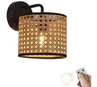 SIYANE Apliques de pared de ratán Funciona con pilas Luz de pared de bambú tejida remota Bombilla de atenuación Lámpara LED inalámbrica montada en la pared Iluminación inalámbrica para dormitorio, mes