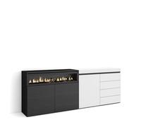 Skraut Home, Aparador, Con módulo de 1 puerta para almacenamiento, 207x35x75cm, Chimenea eléctrica efecto llama 3d, Cómoda, Cajonera de cuatro cajones White