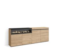 Skraut Home, Aparador, Con módulo de 1 puerta para almacenamiento, 207x35x75cm, Chimenea eléctrica efecto llama 3d, Cómoda, Cajonera de cuatro cajones Oak