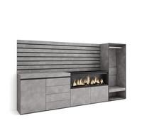 Skraut Home, Aparador, Con almacenamiento, 274x35x145cm, Chimenea eléctrica XXL led efecto fuego 3d, Cómoda, Cajonera, Vestidor abierto Cement