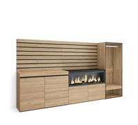 Skraut Home, Aparador, Con almacenamiento, 274x35x145cm, Chimenea eléctrica XXL led efecto fuego 3d, Cómoda, Cajonera, Vestidor abierto Oak