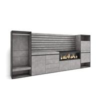 Skraut Home | Aparador | con Almacenamiento | 334x145x35 cm | Dormitorio, habitación | Chimenea eléctrica XXL | Cómoda, Cajonera | Zapatero | Vestidor Abierto | Estilo Moderno | Cemento