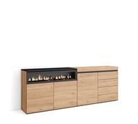 Aparador Skraut Home, Con módulo de 1 puerta para almacenamiento, 207x35x75cm, Chimenea eléctrica efecto llama 3d, Cómoda, Cajonera de cuatro cajones Oak