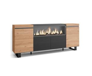 Skraut Home | Aparadores para salón | Gran Capacidad de almacenaje | 210 | 4 Puertas | Chimenea eléctrica XXL | Diseño Industrial | Estilo Moderno | Roble y Negro