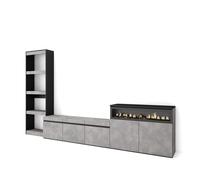 Conjunto de muebles Skraut Home, para Salón, Estantería, Mueble TV, Aparador, Fuego led efecto 3d, Veteado de madera, Tacto poroso, 310x35x186cm Cement - option b