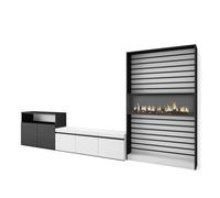 Skraut Home, Conjunto de muebles de Salón, Mueble TV con tres puertas, Aparador con dos puertas, Estantería con Fuego led XXL efecto 3d, 360x35x186cm White/black - option b