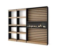 Skraut Home | Librería estantería | Estanteria Libros de Pared | 230x186x25cm | Salón - Comedor - Oficina | Chimenea eléctrica | Estilo Moderno | Roble y Negro