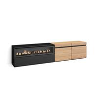 Skraut Home, Mueble de Televisión en melamina de alta calidad con 3 puertas, 203x35x45cm, Fuego led efecto 3d Oak and black - left