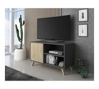 Skraut Home, Mueble TV 100 con puerta izquierda, salón comedor, Modelo WIND, bi-color, medidas 95x40x57cm de altura. Gray-oak