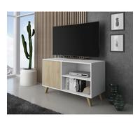 Skraut Home, Mueble TV 100 con puerta izquierda, salón comedor, Modelo WIND, bi-color, medidas 95x40x57cm de altura. White-oak