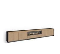 Skraut Home | Mueble TV | Televisión | Muebles de salón | 310x50x37 cm | Para TV hasta 80" | Almacenaje | Chimenea eléctrica | Luz Led | Estilo Moderno | Color Roble y Negro