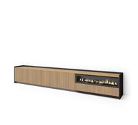 Skraut Home | Mueble TV | Televisión | Muebles de salón | 310x50x37 cm | Para TV hasta 80" | Almacenaje | Chimenea eléctrica | Luz Led | Estilo Moderno | Color Roble y Negro