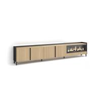 Skraut Home | Mueble TV | Televisión | Muebles de salón | 315x61x35 cm | Para TV hasta 80" | Almacenaje | Chimenea eléctrica XXL | Diseño industrial | Luz Led | Estilo Moderno | Color Roble y Negro