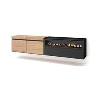 Skraut Home, Mueble de Televisión en melamina de alta calidad con 3 puertas, 203x35x45cm, Fuego led efecto 3d Oak and black - left