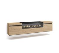 Skraut Home | Mueble TV | Televisión | Muebles de salón, almacenaje | 200x45x35cm | para TV hasta 80" | Chimenea eléctrica | Colgado, Suspendido | Estilo Moderno | Roble y Negro