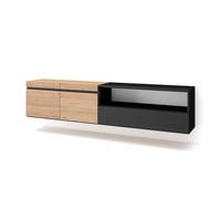 Skraut Home, Mueble de Televisión en melamina de alta calidad con 3 puertas, 203x35x45cm, Veteado de madera, Tacto poroso, Estilo Moderno Elegante OAK/BLACK-C