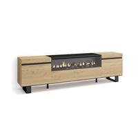 Skraut Home | Mueble TV | Televisión | Muebles de salón, almacenaje | 200x57x35cm | para TV hasta 80" | Chimenea eléctrica | Diseño Industrial | Estilo Moderno | Roble y Negro