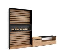 Skraut Home, Conjunto de muebles de Salón, Estantería con Fuego XXL led efecto 3d, Mueble TV con dos puertas, 260x35x186cm Oak/black - option d