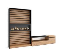 Skraut Home, Conjunto de muebles de Salón, Estantería con Fuego XXL led efecto 3d, Mueble TV con dos puertas, 260x35x186cm Oak/black - option c