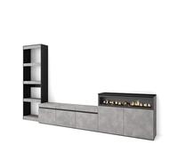 Skraut Home, Conjunto de muebles de Salón, Estantería, Mueble TV, Aparador, Fuego led efecto 3d, Veteado de madera, Tacto poroso, 310x35x186cm Cement - option b