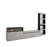 Skraut Home, Conjunto de muebles de Salón, Estantería, Mueble TV, Aparador, Fuego led efecto 3d, Veteado de madera, Tacto poroso, 310x35x186cm Cement - option a