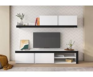 Skraut Home | Sala de estar IDEM Blanco | Juego de muebles | Unidad de pared | Mueble bajo TV | Comedor, conjunto de salón color blanco/negro | Almacenamiento estilo moderno 200 x 180 x 40 cm