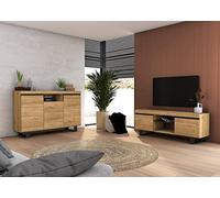 Skraut Home | Set Naturale Salón Comedor con patas | Mueble Auxiliar | Buffet | Mueble tv 140cm | Color Roble Negro Nórdico
