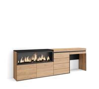 Tocador Skraut Home cajón, 234x35x75cm, Chimenea eléctrica XXL led fuego 3d, Cajonera 4 cajones, Varios colores Oak