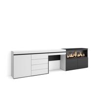 Tocador Skraut Home con cajón, 284x35x75cm, Chimenea eléctrica XXL, Módulo una puerta, Cajonera de cuatro cajones White