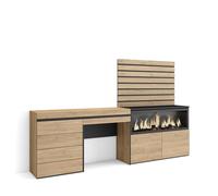 Skraut Home, Tocador con cajón, 234x35x145cm, Chimenea XXL led, Módulo 2 puertas, Módulo cuatro cajones, Listones Oak