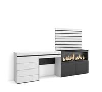Skraut Home, Tocador con cajón, 234x35x145cm, Chimenea XXL led, Módulo 2 puertas, Módulo cuatro cajones, Listones White