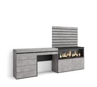 Skraut Home, Tocador con cajón, 234x35x145cm, Chimenea XXL led, Módulo 2 puertas, Módulo cuatro cajones, Listones Cement