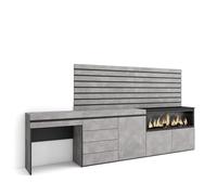 Skraut Home, Tocador, Cajonera, Módulo dos y una puertas, Chimenea eléctrica XXL led, Listones, 284x35x145cm Cement