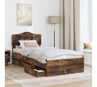 SKTQYQO Estructura de cama de roble ahumado, 100 x 200 cm | Madera ingenierizada, 6 cajones ocultos, cabecero incluido, autoportante