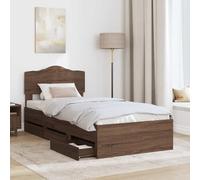 SKTQYQO Estructura de cama de roble marrón 100 x 200 cm con 6 cajones | Madera ingenierizada, cabecero incluido, montaje independiente, fácil limpieza