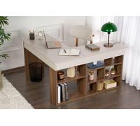 Skye Decor, escritorio moderno fabricado con paneles de aglomerado de 100% melamina, dimensiones 130 x 72 x 120 cm, disponible en acabados cashmere y nogal. Grosor: 18 mm. Ideal para oficinas en casa