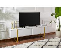 Skye Decor, modelo Serenity: Estante para TV, color blanco y dorado, fabricado con tablero de partículas de 100% melamina, dimensiones: 180 x 29,5 x 50 cm
