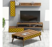 Skye Decor, Planet: Juego de muebles para sala de estar, color nogal y amarillo, fabricado con paneles de aglomerado recubiertos al 100% con melamina, dimensiones: 150 x 38 x 37 cm