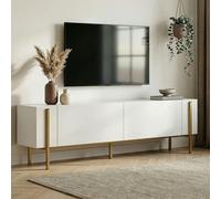 Skye Decor, soporte de TV de alta calidad, 180 x 30 x 45 cm, blanco y dorado. Fabricado con tablero de partículas de 18 mm de grosor, recubierto al 100% con melamina. Patas de metal, diseño moderno pa