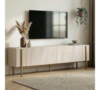 Skye Decor, soporte de TV de alta calidad, travertino y dorado, 180 x 30 x 45 cm. Fabricado con tablero de partículas de 18 mm de grosor, recubierto al 100% con melamina. Patas de metal, diseño modern