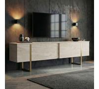 Skye Decor, soporte de TV de alta calidad, travertino y dorado, 180 x 50 x 30 cm. Fabricado con tablero de partículas de 18 mm de grosor, recubierto al 100% con melamina. Estilo moderno y elegante par