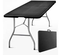 SKYLANTERN® Mesa plegable rectangular de 180 cm con efecto ratán, color negro, mesa plegable para acampada, 6/8 personas, 180 x 76 x 74 cm, mesa plegable exterior de HDPE gruesa de 3,5 cm - mesa de