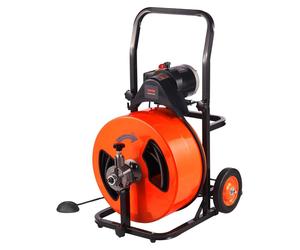 SKYSHALO, taladro para canalones de 30 metros (100 pies) x 3/4 de pulgada, limpiador de desagües automático, incluye 4 cabezales de corte y un pedal de aire, adecuado para tuberías de 2,5 a 10 cm (1-4